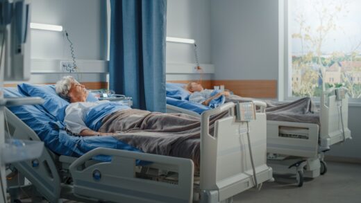 Hospital,ward:,elderly,old,lady,and,young,beautiful,girl,resting