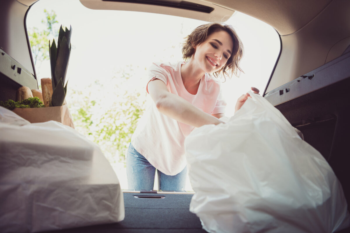 Photo,of,positive,girl,ride,drive,automobile,put,buy,shopping