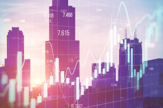 Abstract,growing,forex,chart,on,blurry,toned,city,wallpaper.,financial