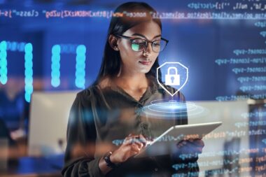 Lock,hologram,,tablet,and,woman,with,data,analysis,safety,,software