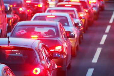 Peak,hour.,automobile,brake,lights.,traffic,jam,on,a,highway