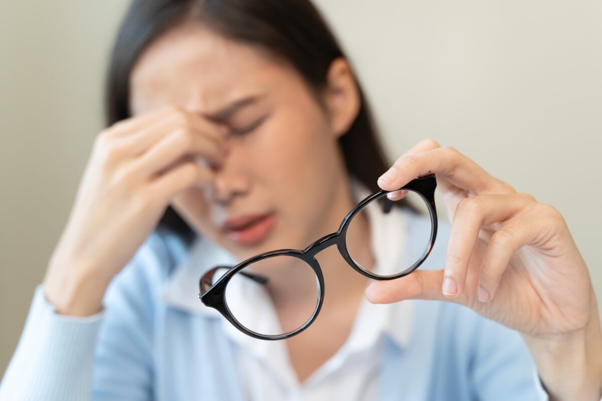Woman,taking,off,glasses,tired,of,computer,work,suffering,from