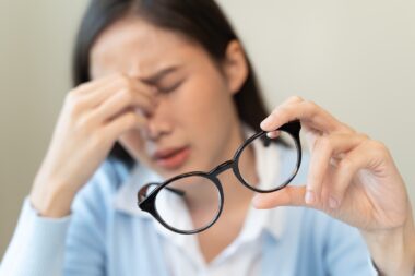 Woman,taking,off,glasses,tired,of,computer,work,suffering,from
