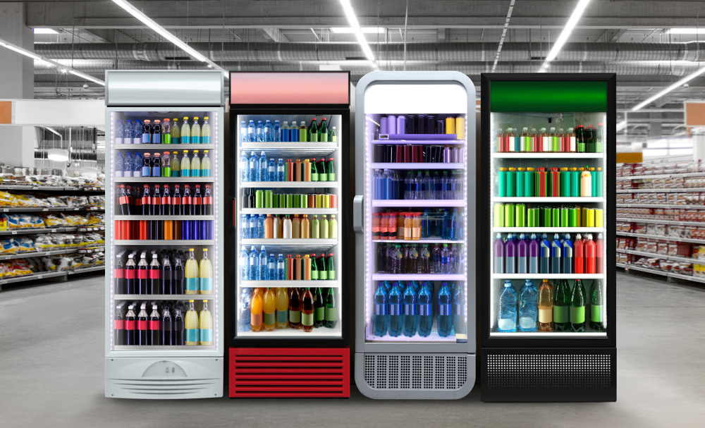 Soda,pop,drinks,and,soft,drinks,in,fridge.,glass,door